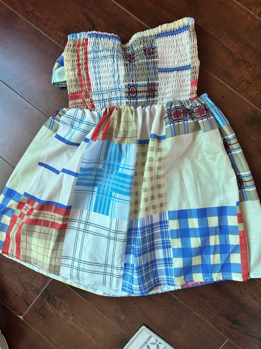 Strapless Patchwork Plaid Top - Blue, Red & Cream
